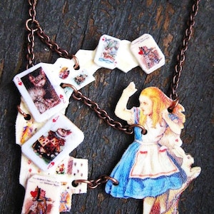 Alice In Wonderland Queen of Hearts Statement Necklace Shower of Cards Jewelry for Her image 1