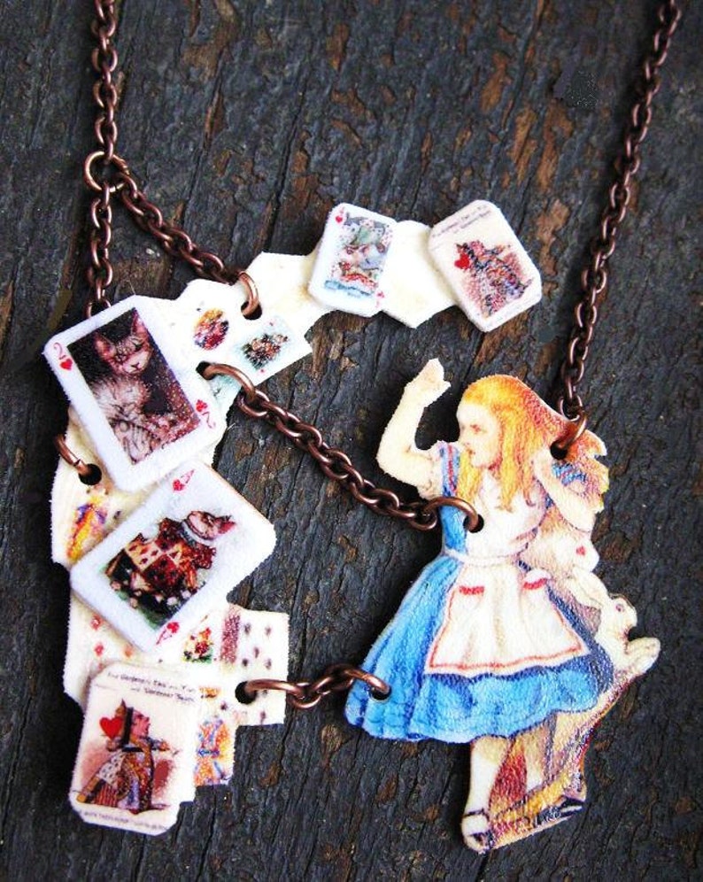 Alice In Wonderland Queen of Hearts Statement Necklace Shower of Cards Jewelry for Her image 1