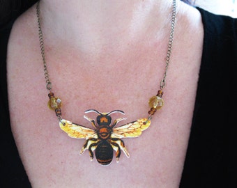 Yellow Golden Gift Garden Bumble Bee Necklace Brown Nature Jewelry