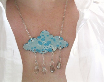 Cloud Shaped Powder Sky Blue Rain Shower Necklace Floral Pastel Fashion and Crystal Raindrops Flowers