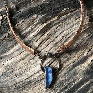 Kyanite and Copper Necklace: Raw Rough Gemstone Pendant, Handmade Metallic Rustic Statement Jewelry, Navy Blue Crystal