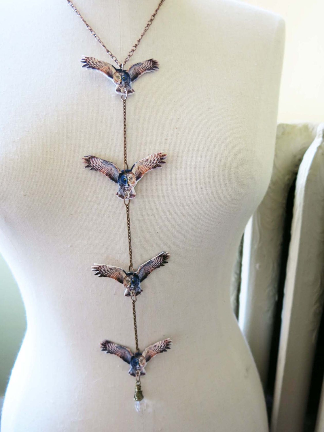 Animal Necklace Owl Lariat Woodland Statement Long Bird Gift Idea