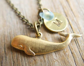 Whale Necklace, Personalized Initial, Vintage Bronze Charm, Mom Gift, Nautical Animal, Handmade for Her, Best Friend Present, Mother's Day.