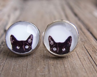 Post Earrings Black Cat Peeking Kitten: Handmade Minimalist Quirky Cat Jewelry, Made in Canada, Cat Lover Style