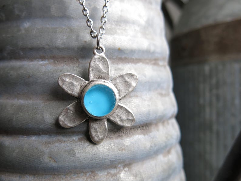 Sea Glass Necklace Aqua Cornflower Blue Pendant with Antiqued Silver Floral Charm, Wedding Gift for Flower Girl, Women and Teens. image 2