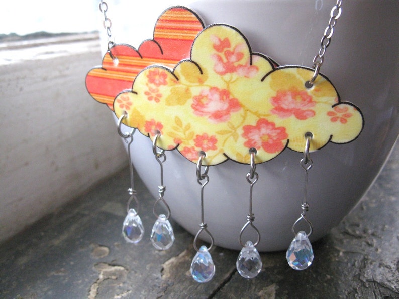 Bright Crystal Cloud Necklace Women Tangerine Orange Rain Shower Raindrop Floral image 3