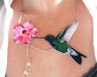 Hummingbird Necklace Pink Flower: Large Nature Wildlife Pendant Jewelry, Gift for Women, Handmade for Her