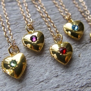 Tiny Heart Locket Necklace, Personalized Mother&#39;s Day Gift, Grandparent, Gold Keepsake for Child, Granddaughter Birthday, Crystal Birthstone