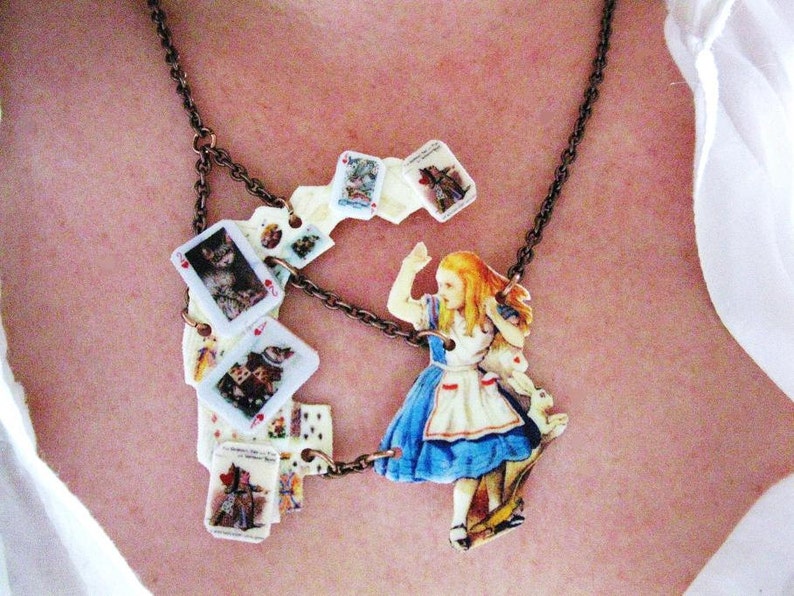 Alice In Wonderland Queen of Hearts Statement Necklace Shower of Cards Jewelry for Her image 5