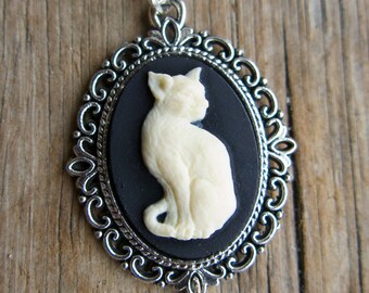 Cameo Cat Necklace, White on Black, Mother's Day Gift, For Women Mom Aunt Sister Teen Present, Best Friend Animal Lover Vintage Inspired Her