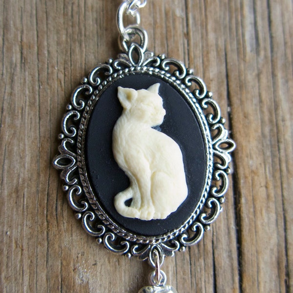 Cameo Cat Necklace, White on Black, Mother's Day Gift, For Women Mom Aunt Sister Teen Present, Best Friend Animal Lover Vintage Inspired Her