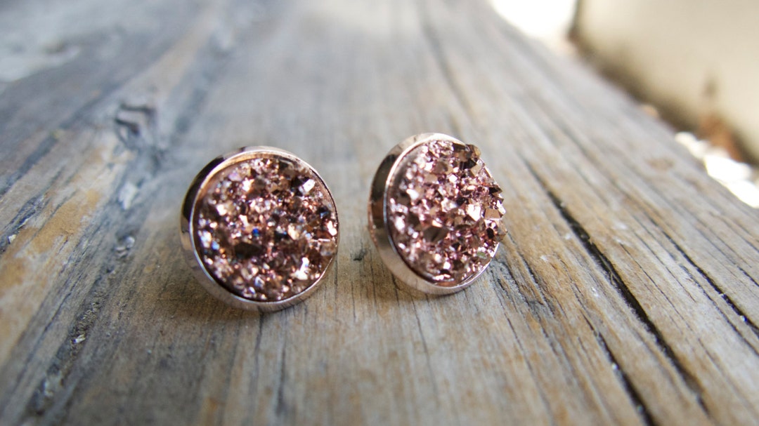 Rose Gold Druzy Earrings, Studs Faux Resin, Sparkle Post Gift for Her ...