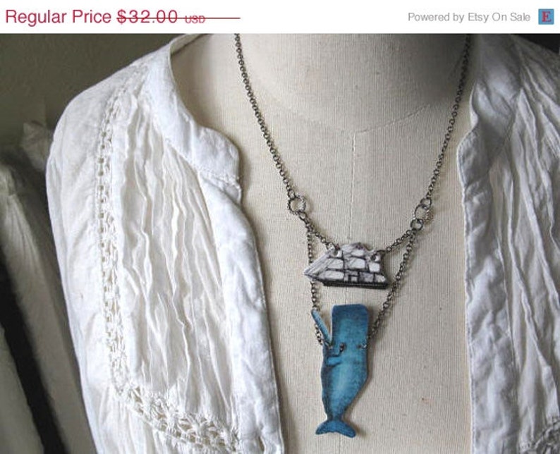 Whale Animal Necklace Nautical Statement Gift, Moby Dick Ship Kitsch Geekery, Plastic Pendant For Her, Blue Quirky Ocean Creature Fun Unique image 3