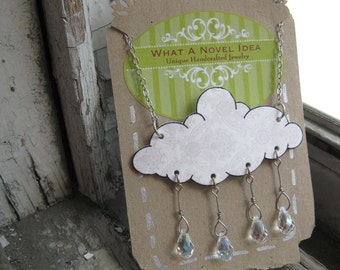 Snow White Cloud Necklace with Raindrops, Nature Lover, Cottage Country Chic, Statement Handmade Jewelry for Her, Birthday Gift Pendant,