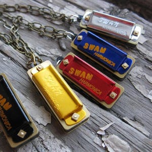 Miniature Harmonica Pendant Necklace: Vintage Inspired Retro Kitsch Brass Music Jewelry, Jazz Blues Charm