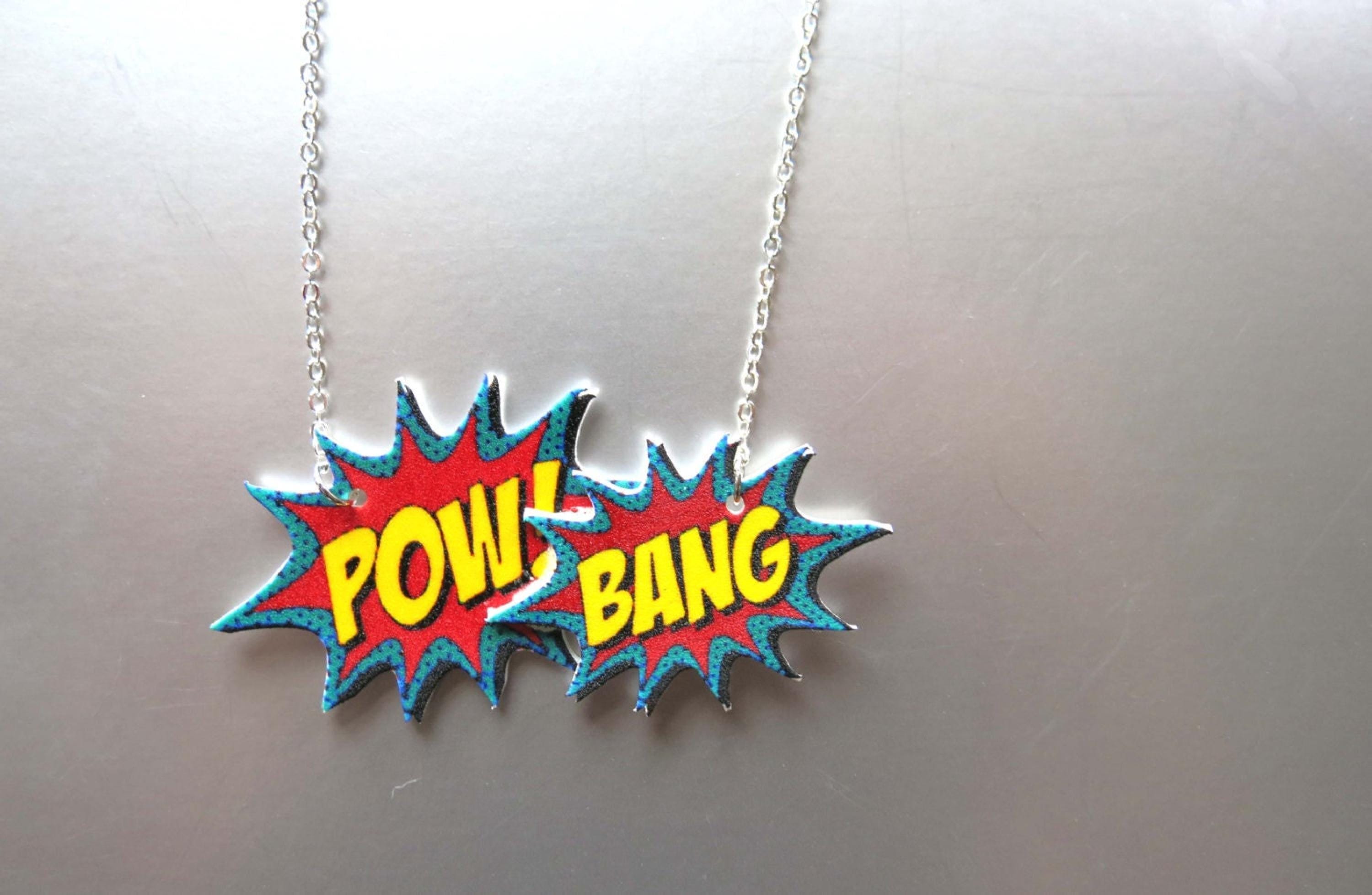 Comic Book Necklace Pow Boom Pendant: Cartoon Bubble Acrylic