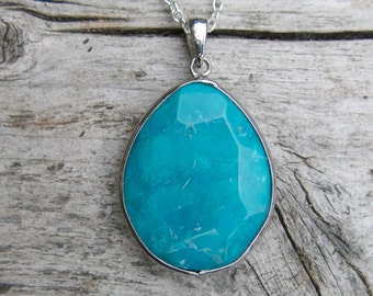 Blue Jade Stone, Large Pendant Necklace, Turquoise Color, for Her, Jewelry for Women, Mother's Day Sale, Bright Oval, Gift for Sister Friend