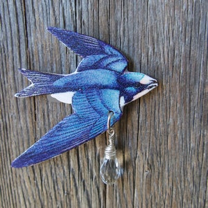 Blue Swallow Bird Brooch, Handmade Gift Her, Animal Pin, Woodland Jewelry, Crystal, Present for Girls, Birthday Teens, Present for Friend image 3