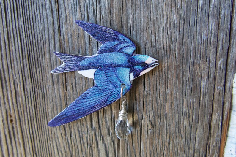 Blue Swallow Bird Brooch, Handmade Gift Her, Animal Pin, Woodland Jewelry, Crystal, Present for Girls, Birthday Teens, Present for Friend image 3