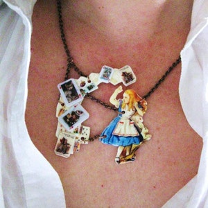 Alice In Wonderland Queen of Hearts Statement Necklace Shower of Cards Jewelry for Her image 3