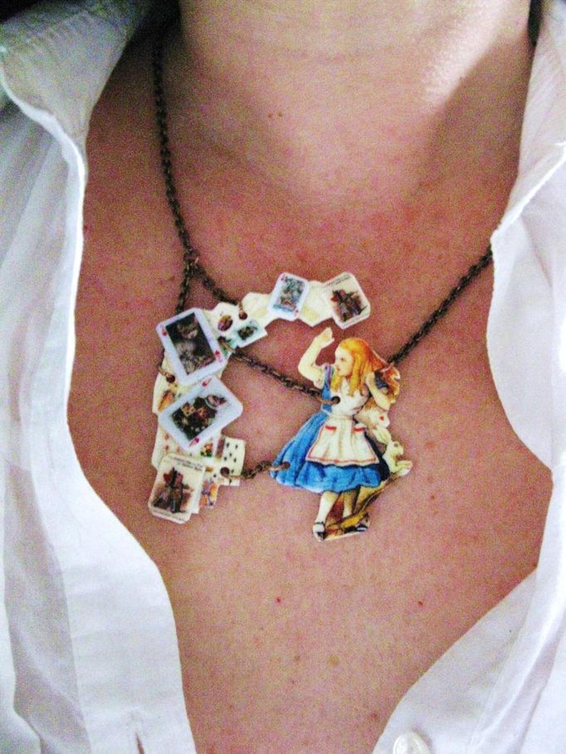 Alice In Wonderland Queen of Hearts Statement Necklace Shower of Cards Jewelry for Her image 3