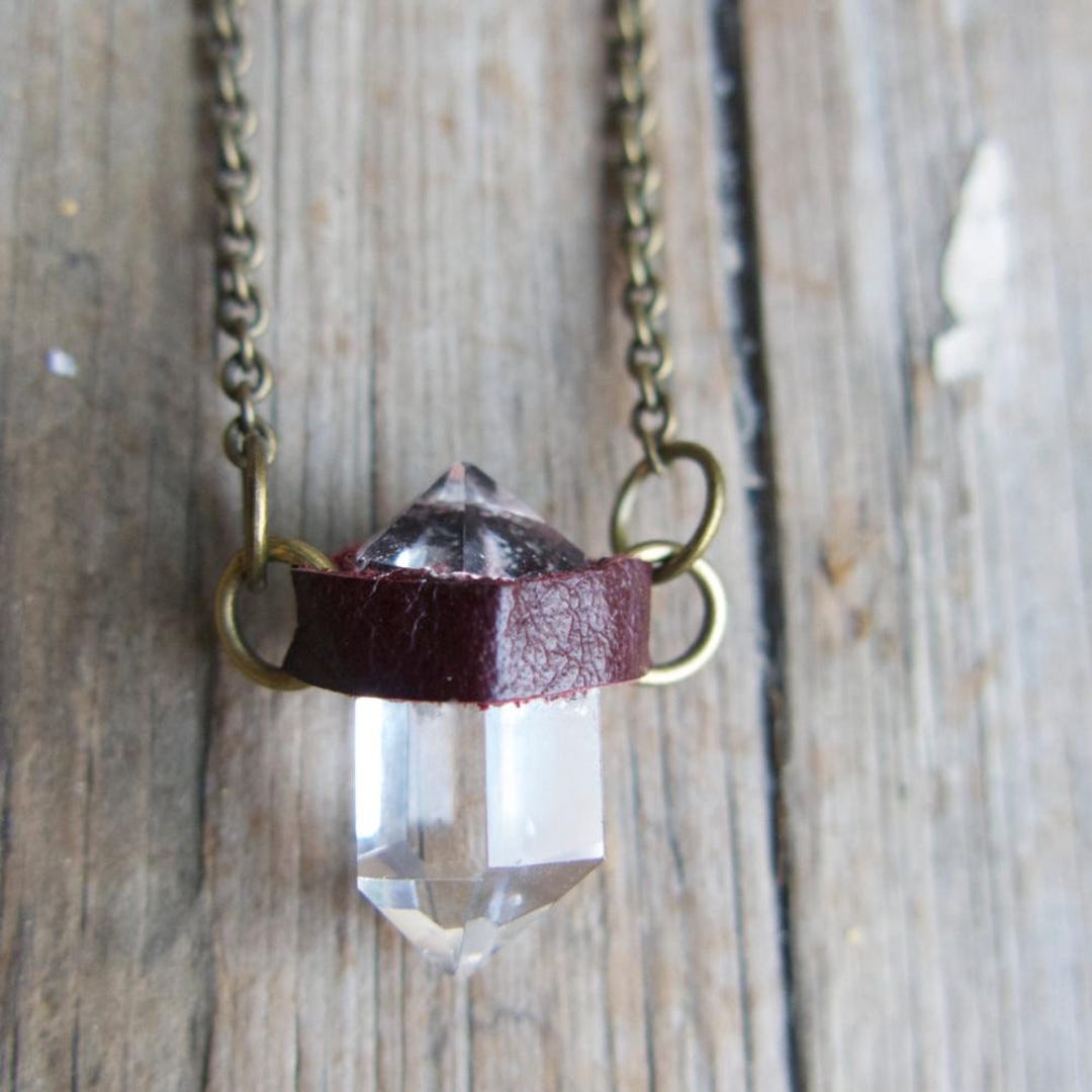 Leather Wrapped Crystal Necklace, Quartz Crystal, Healing