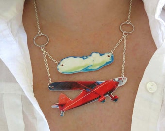Airplane Necklace and Clouds, Statement Pendant in Red Blue, Unique Retro Style, World Traveller Gift, Jewelry For Her, Wearable art Layered