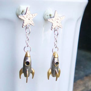 Orecchini a forma di razzo in argento e oro, pendenti con costellazione, gioielli celestiali fatti a mano in Canada