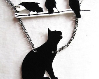 Schwarze Katze und Vogel Halskette, Tier Halskette Zweig vorhanden Statement Halskette, Glückliche Haustier Silhouette Schrullig Schmuck Geschenkidee