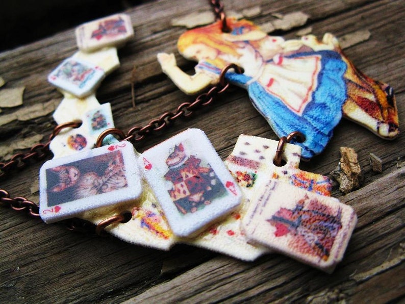 Alice In Wonderland Queen of Hearts Statement Necklace Shower of Cards Jewelry for Her image 4
