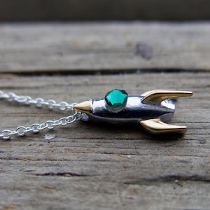 Rocket Ship Necklace, Custom Birthstone Charm, Stainless Steel, Star Pendant, Celestial Jewelry for Science Nerds, Handmade for Her