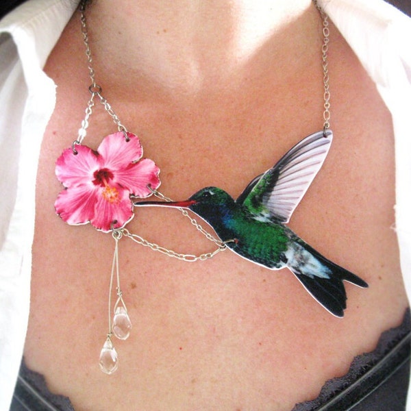 Necklace Hummingbird and Pink Flower, Best Seller Nature Statement Jewelry, Mother's Day Gift, Women Sister Friend, Unique Jewellery Garden