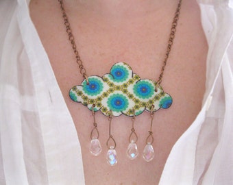 Cloud Rain Drops Necklace, 70s Inspired Pendant, Handmade for Her, Crystal Raindrops, Spring Showers, Green Teal Blue, Gift for Gardener,