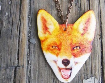 Fox Necklace, Woodland, Wildlife, Image on Acrylic, Fun for Girls, Orange Wild Animals, Forest Creature