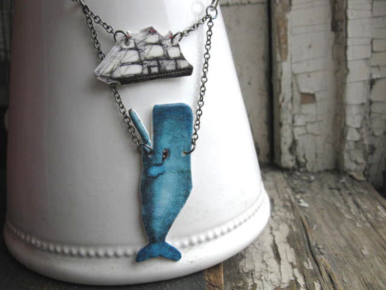 Whale Animal Necklace Nautical Statement Gift, Moby Dick Ship Kitsch Geekery, Plastic Pendant For Her, Blue Quirky Ocean Creature Fun Unique image 2