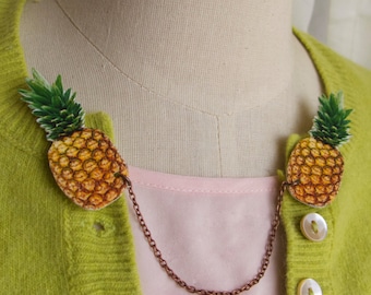 Pineapple Sweater Brooch, Tropical Hawaii,  Double Collar Pin, For Her Fun Unique, Quirky Kitschy, Fruit Kawaii Acrylic Art Bright Summer