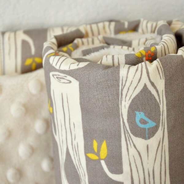 Baby Blanket, Organic, Tree Stripes and Cream Bubble Dot Minky