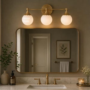 Lámpara de tocador de latón de 3 luces / Aplique de pared moderno de mediados de siglo con globo de cristal opalino y espejo imagen 1