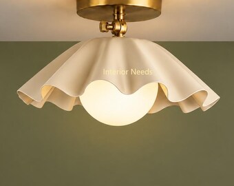 Flush Mount Ceiling Light, Brass Semi Flush Ceiling Fixture, Vintage Floral Shade Light, Modern Bedroom Lighting, Handmade Ceiling Lamp