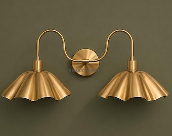 Modern Brass Double Sconce, Vintage Scalloped Shade Wall Light, Mid-Century Vanity Home Lighting