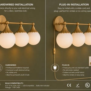 Puede incluir: Un aplique de pared de tres luces con acabado en lat&oacute;n y globes de vidrio esmerilado blanco. La l&aacute;mpara cuenta con una barra horizontal y tapas met&aacute;licas estriadas sobre cada globo. La imagen muestra dos opciones de instalaci&oacute;n: cableado y enchufe.