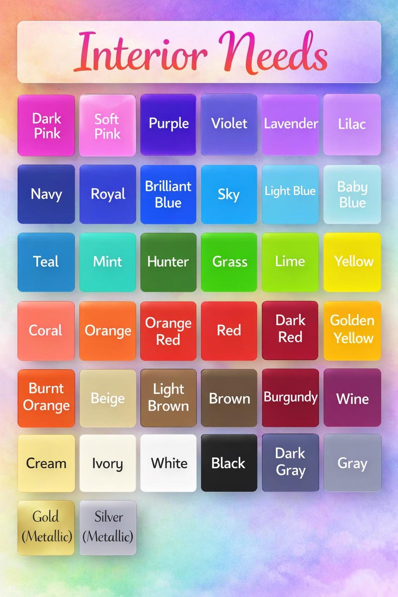 May include: A color palette chart labeled "Interior Needs" with a variety of color swatches. Colors include pinks, blues, greens, yellows, oranges, reds, browns, and grays. Each color is labeled with its name.