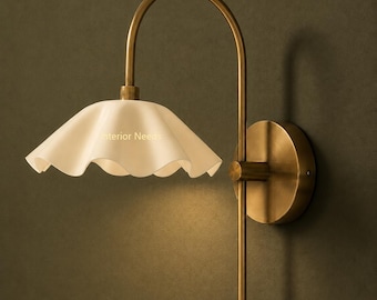 Brass Scalloped Wall Sconce | Vintage-Inspired Plug-In Wall Light | Elegant Bedside & Living Room Lighting