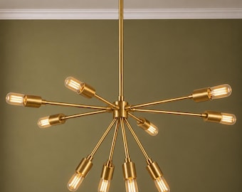Raw Brass Sputnik Chandelier, 10 Light Mid Century Modern Ceiling Light, Handmade Brass Lighting Fixture