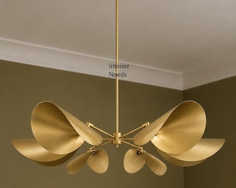 Handmade Mid Century Modern Brass Chandelier | 6 Light  Leaf Pendant Light | Sculptural Ceiling Light | Luxury Raw Brass Dining Room Fixture