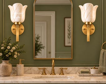 Alabaster Wall Sconce, Brass Bathroom Vanity Light, Floral Wall Lamp, Vintage Inspired Lighting, Elegant Mirror Sconce