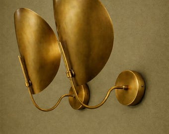 Mid Century Modern Brass Sconce - Handmade Curved Shade Wall Light - Pair