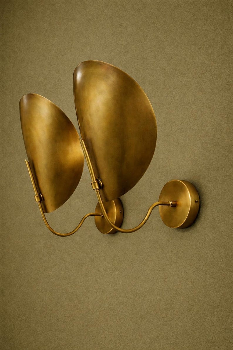 Mid Century Modern Brass Sconce - Handmade Curved Shade Wall Light - Pair image 1