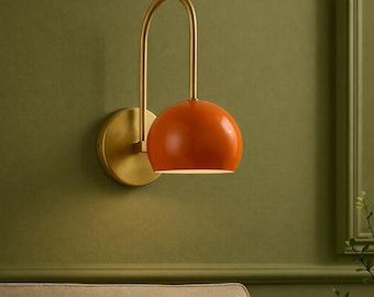 Mid Century Modern Brass Wall Sconces - Orange Ball Shade