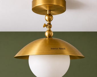 Modern Brass Semi Flush Mount Ceiling Light with Frosted Glass Globe